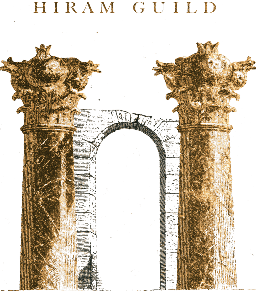 Two bronze pillars with pomegranate capitals around a stone arch