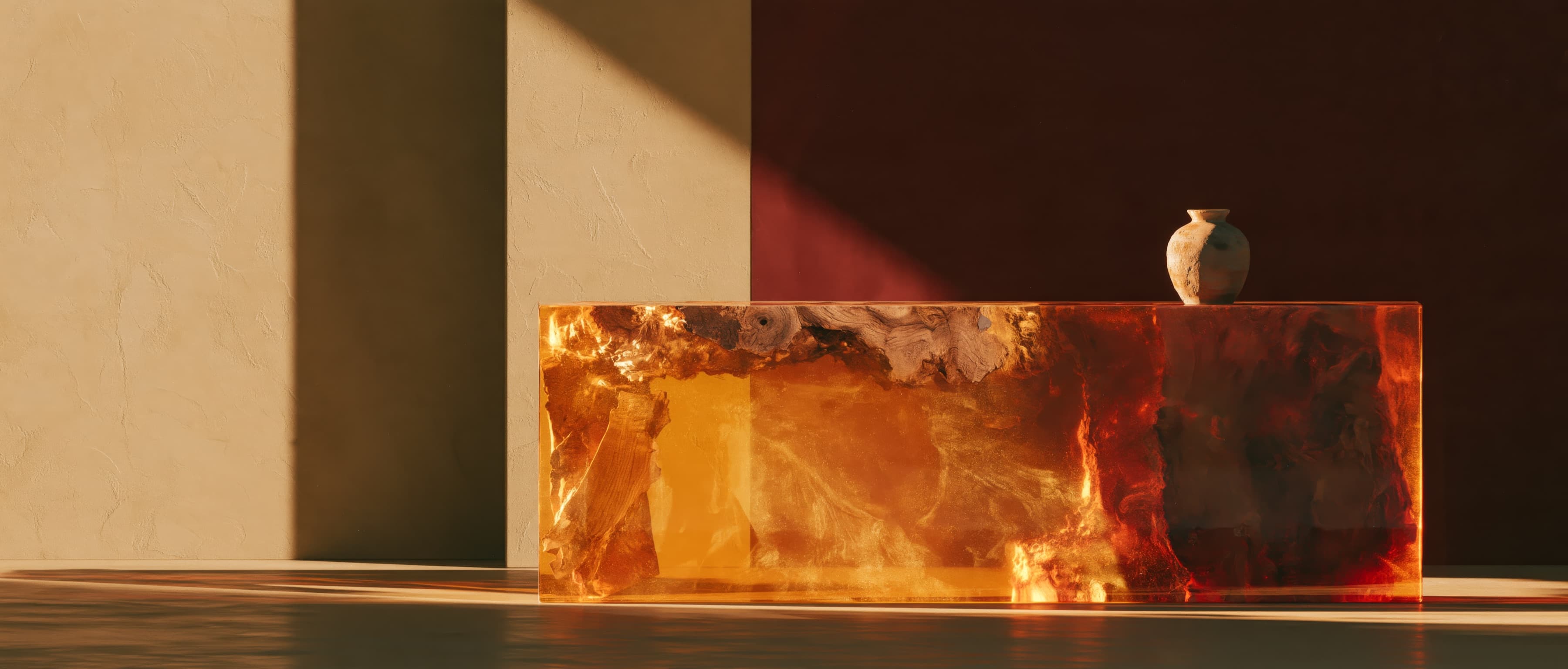 An amber resin console cast around reclaimed walnut, lit by low sun